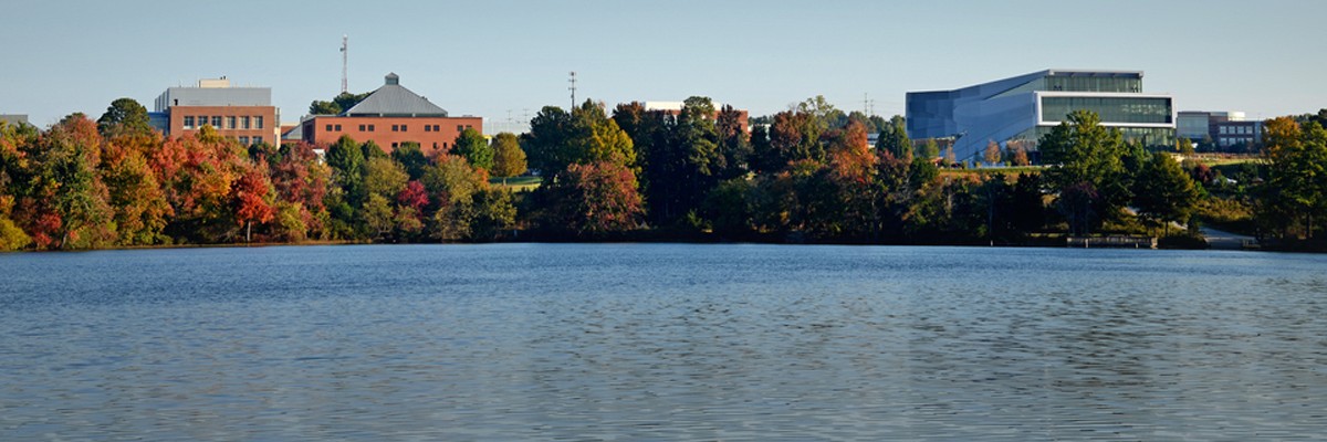 View of Centennial Campus from the south shore of Lake Raleigh.