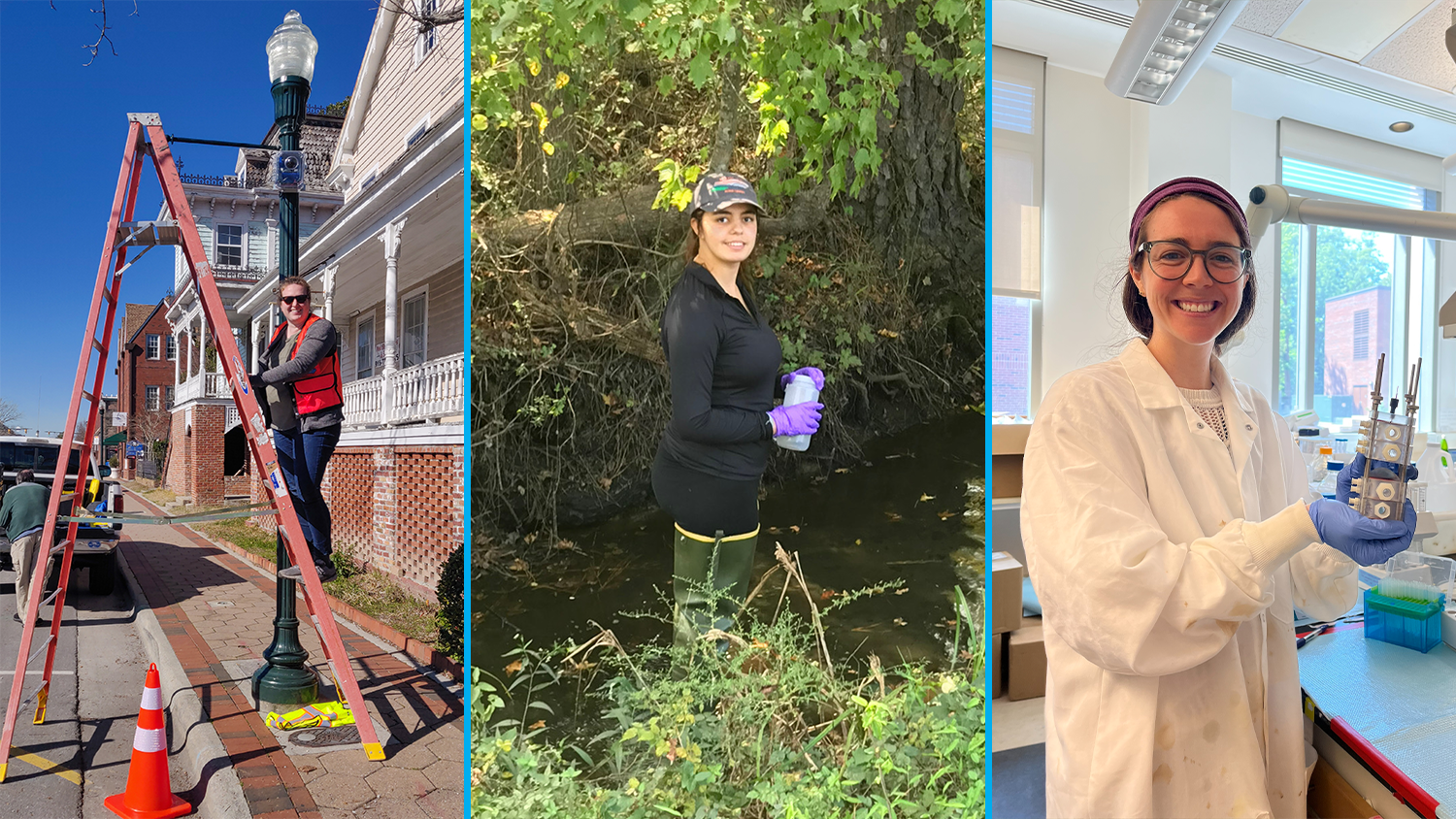 Above, left to right: Lauren Grimley installs a sensor to measure water in the storm drain and capture images of roadway flooding in real-time in New Bern, North Carolina, as part of the North Carolina Sea Grant-funded Sunny Day Flooding Project; Emine Fidan collects flood water samples from Hurricane Florence for her research project; and Holly Haflich puts together the electrochemical cell she will use for selective PFAS removal from natural waters.