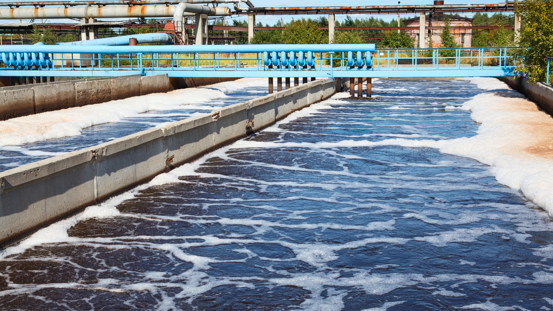 Depicting a pool of water at a water treatment plant. 