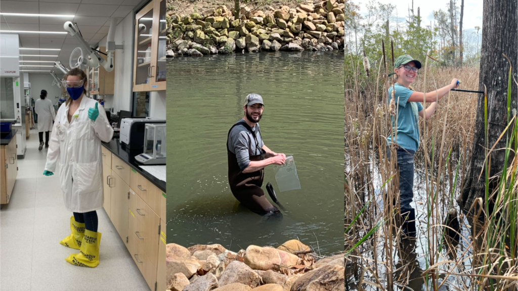 From left to right, three images of researchers: A student researcher poses in the lab, dressed in full PPE; a student researcher in waders poses in the middle of a river; a student researcher poses while taking tree cores in a wetland.