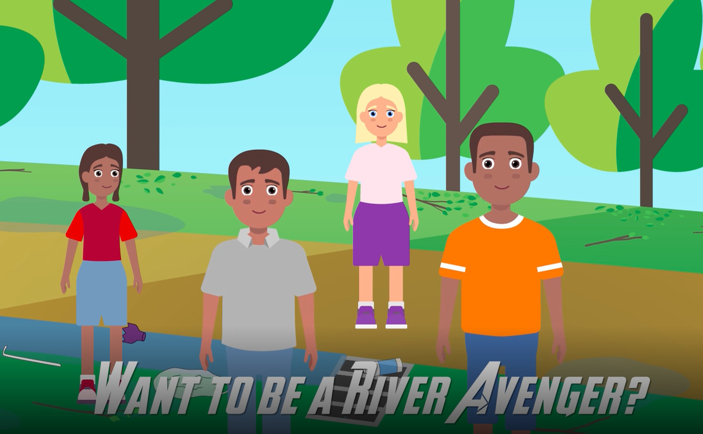 A cartoon animation of four young students posing in the woods. It reads, "Want to be a river avenger?"